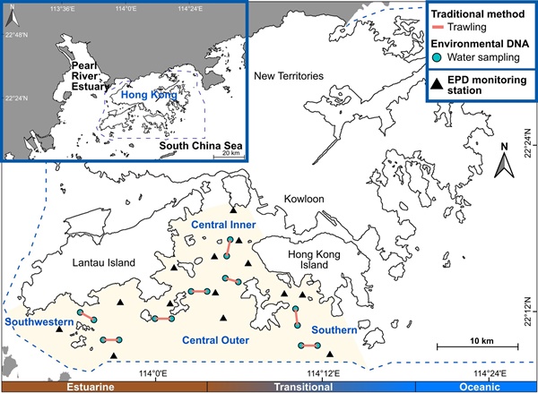 香港地圖：西南至南部海域八條拖網採樣點分佈